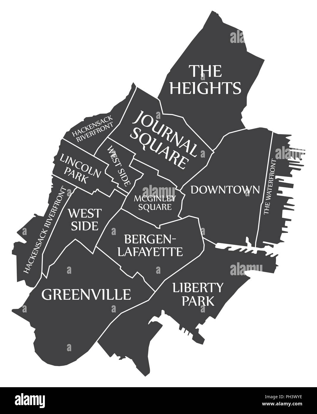 Jersey New Jersey City Karte USA Bezeichnung schwarz Abbildung: Stock Vektor