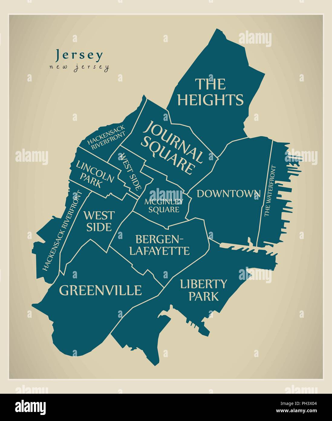 Moderne Stadtplan - Jersey New Jersey City der USA mit Nachbarschaften und Titel Stock Vektor