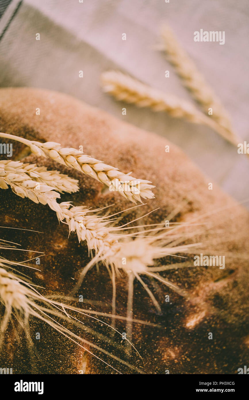 Organische Sauerteig Brot mit goldgelben gekeimten Weizenkörner und Spikes auf Tischdecke, ländliche Atmosphäre Stockfoto