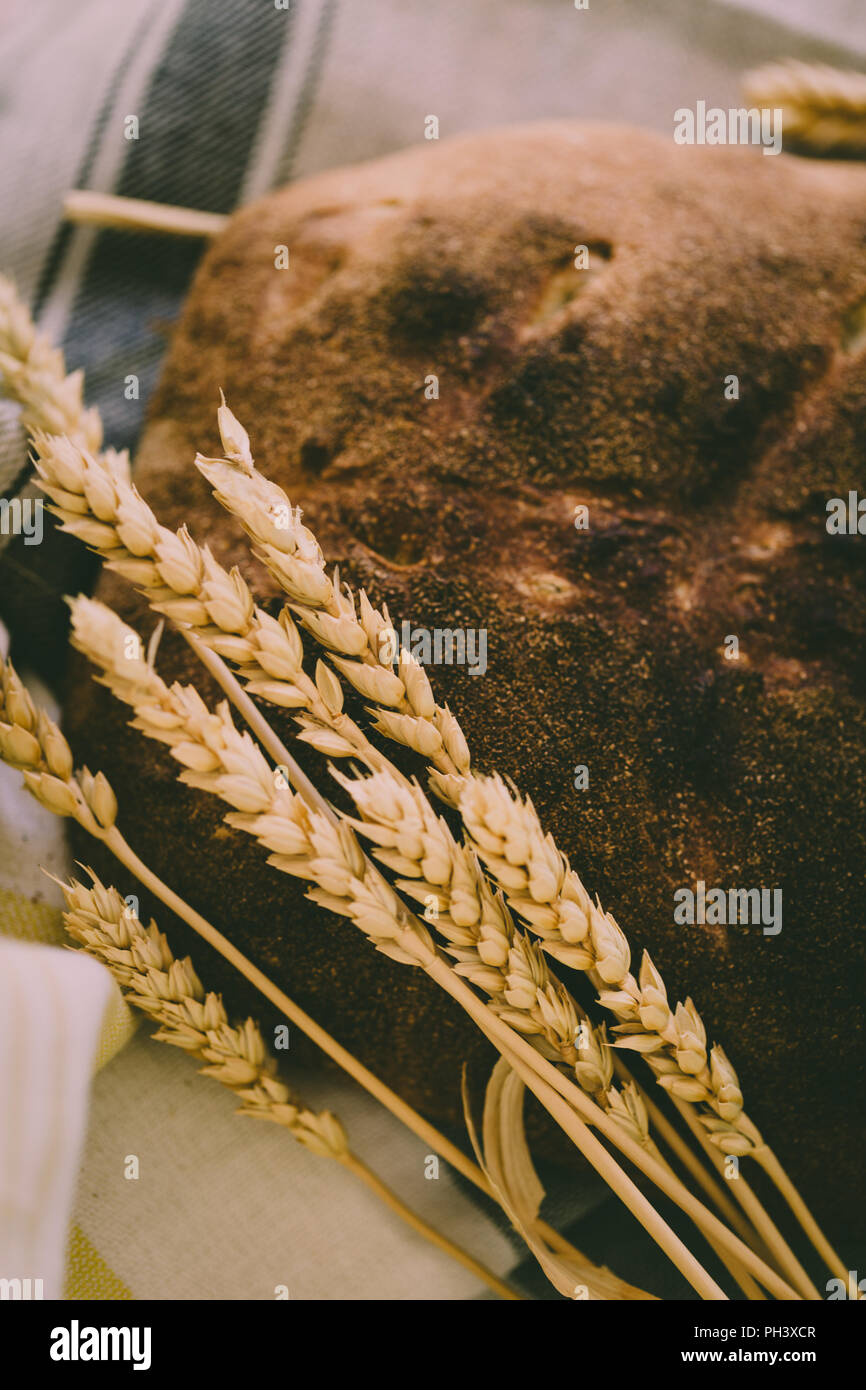 Organische Sauerteig Brot mit goldgelben gekeimten Weizenkörner und Spikes auf Tischdecke, ländliche Atmosphäre Stockfoto