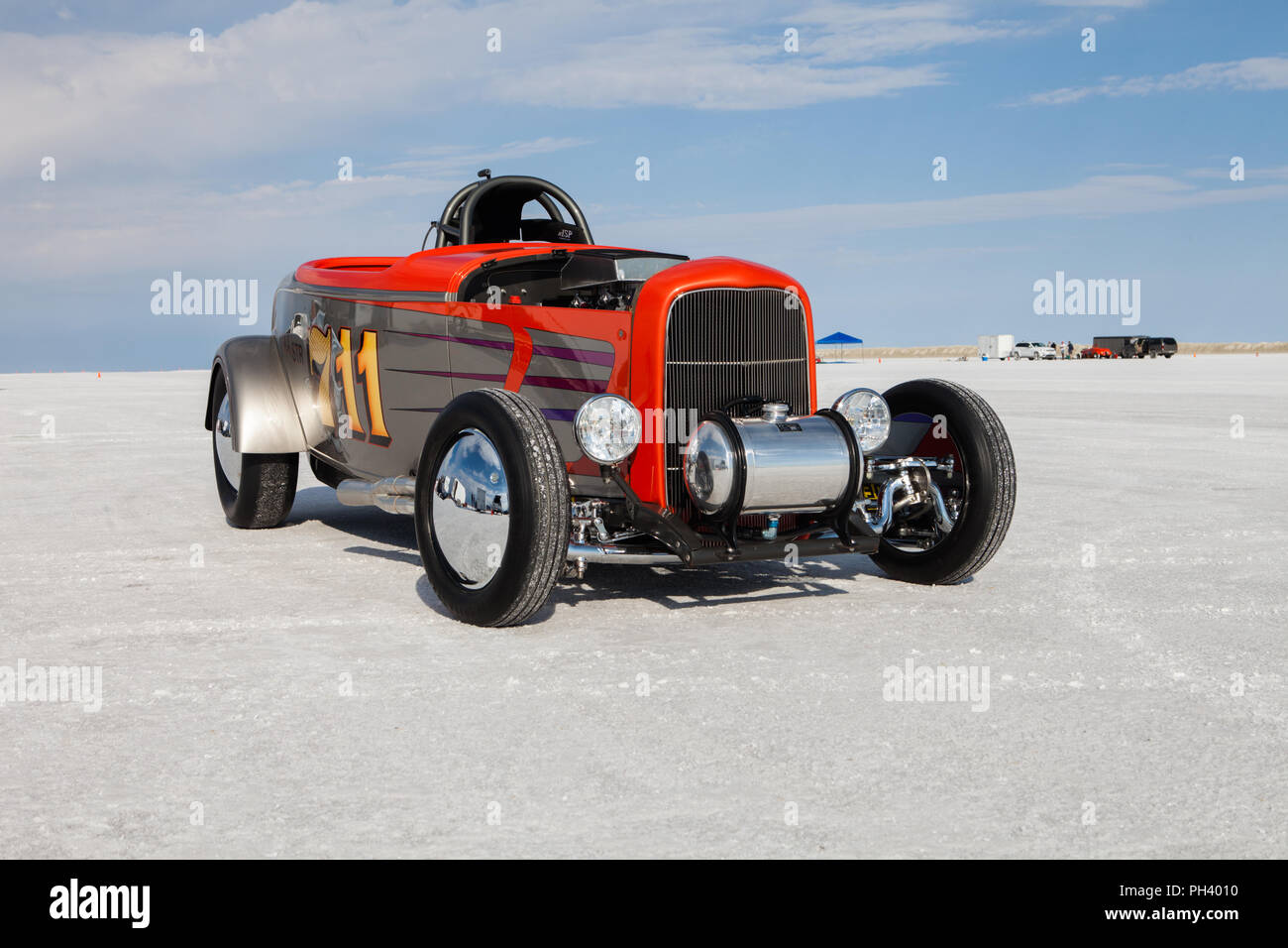 Vintage Speedster auf den Bonneville Salt Flats internationalen Speedway, in der Nähe von Wendover in Utah, der viele land Geschwindigkeitsrekorde. Stockfoto