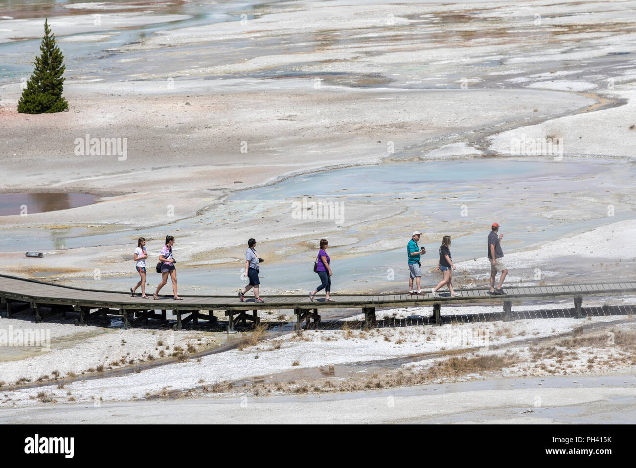 Die Menschen auf der Promenade bei Norris Geyser Basin, Yellowstone National Park, Wyoming, USA Stockfoto