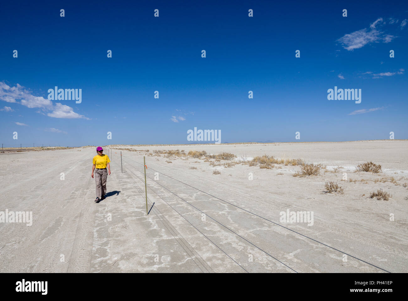 Frau neben einem elektrischen Zaun in die Chihuahuan Wste, New Mexico, USA Stockfoto