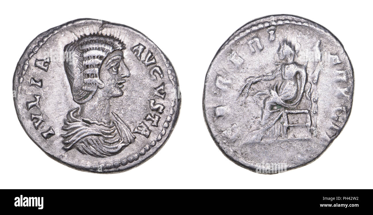 Römischer Denar Silber münze (200-207 AD): Julia Domna (AD 160-217) römischen Kaiserin syrischer Herkunft, zweite Ehefrau von Septimius Severus Stockfoto