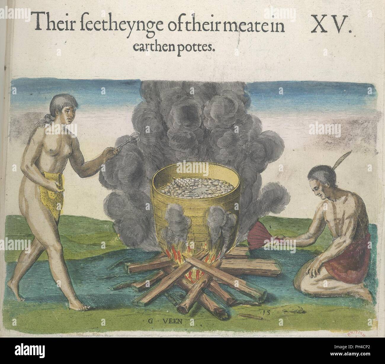 Reisen durch Virginia. Von Theodor de Bry's 'America', Bd. I, 1590, nach einer Zeichnung von Johannes Weiß Bild von Reisen durch Virginia. - "Die Schönheit der Töpferware, in der Sie Essen zu kochen". Engrav 0081. Stockfoto