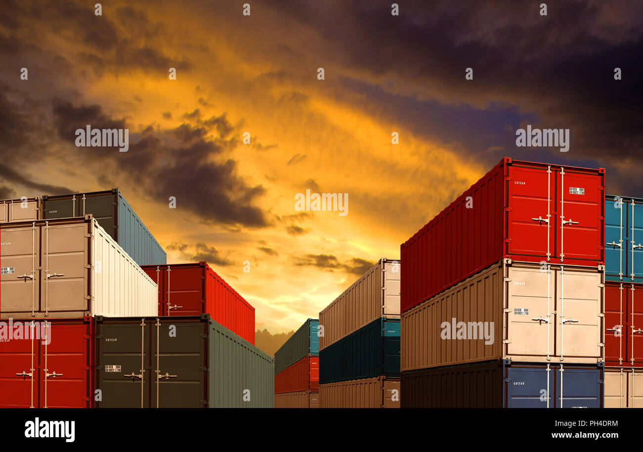 Export oder Import Versand Cargo Container Stapeln in der Nacht port Stockfoto