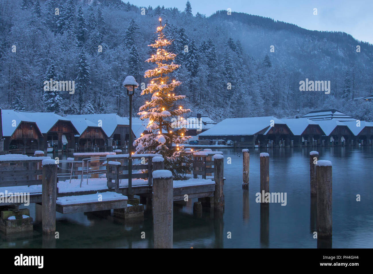 Die leuchtenden Weihnachtsbaum am Seelaende am See Königssee mit Boot  Hütten im Hintergrund. Berchtesgadener Land, Bayern, Deutschland  Stockfotografie - Alamy