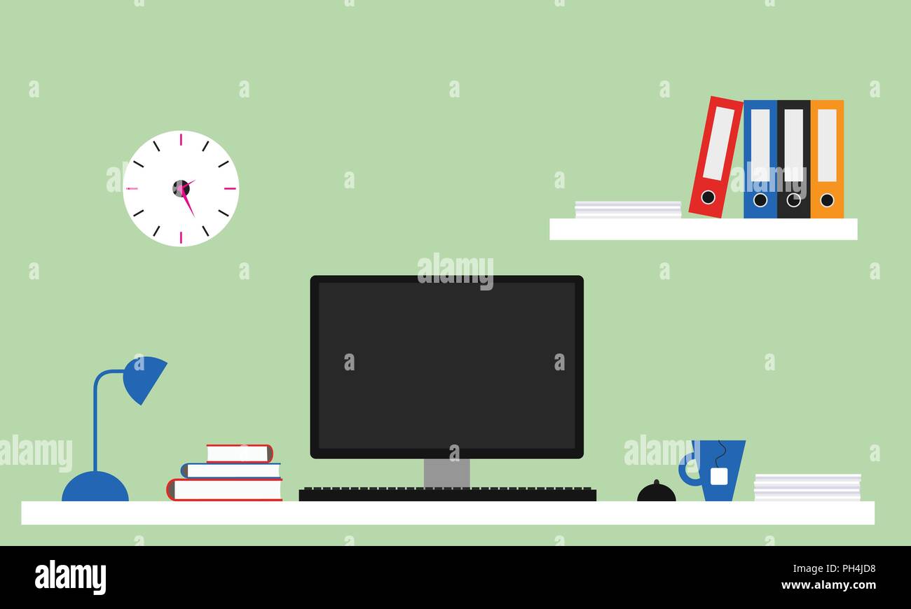 Flaches Design Office Abbildung mit weißer Schreibtisch, Computer mit Monitor, Lampe und Teekanne, Regal mit Dateien und Bücher. Grüne Wand mit Uhr. - Vektor Stock Vektor