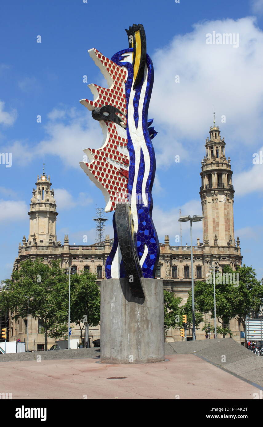 Barcelona, Spanien - 18. Mai 2017: Barcelona Kopf Skulptur. Diese Skulptur von dem berühmten amerikanischen Pop-Art Künstler Roy Lichtenstein war für die 1 eingeweiht. Stockfoto