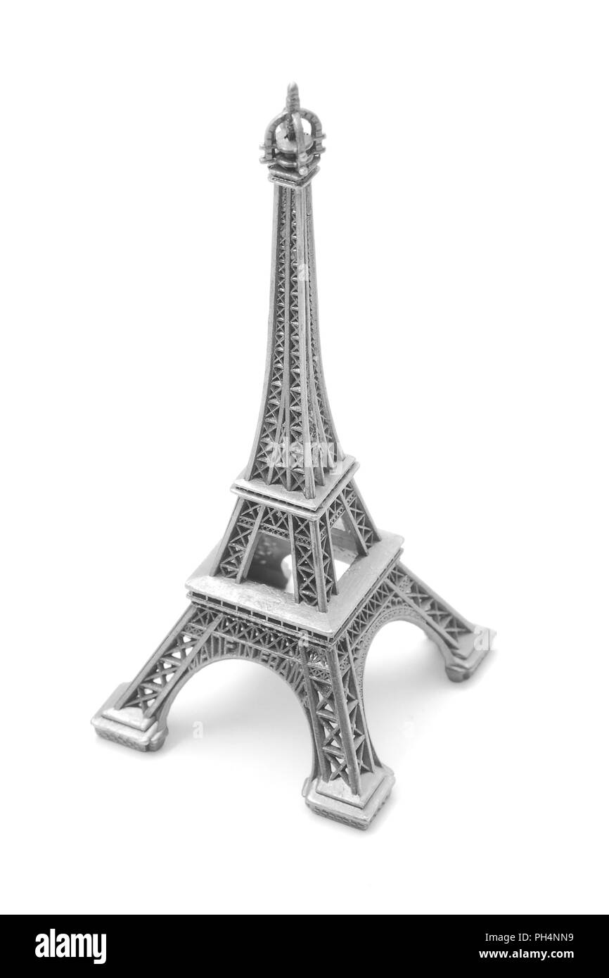 Eiffelturm, miniatur Souvenir isoliert auf weißem Stockfoto