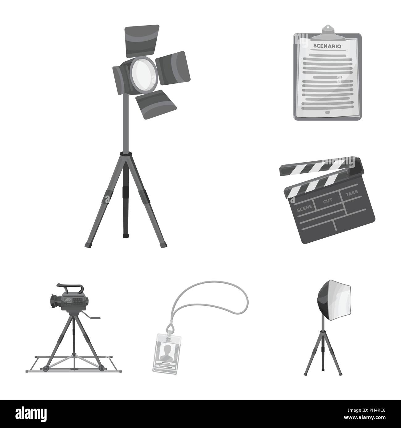 Einen Film monochrome Icons im Set Sammlung für Design. Attribute und Ausrüstung vektor Symbol lieferbar Abbildung. Stock Vektor