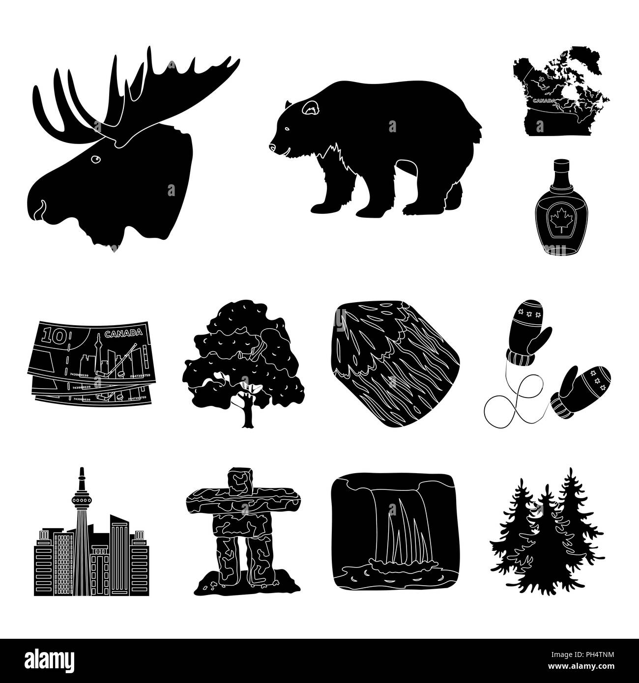 Land Kanada schwarze Symbole in der Sammlung für Design. Kanada und der charakteristische Vektor Symbol lieferbar Abbildung. Stock Vektor
