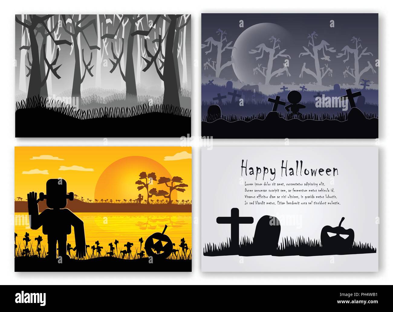 Szene von Halloween Tag im Oktober. Vector Illustration in silhouette Stil mit Wald, Kürbis, Frankenstein und Knochen. Stock Vektor