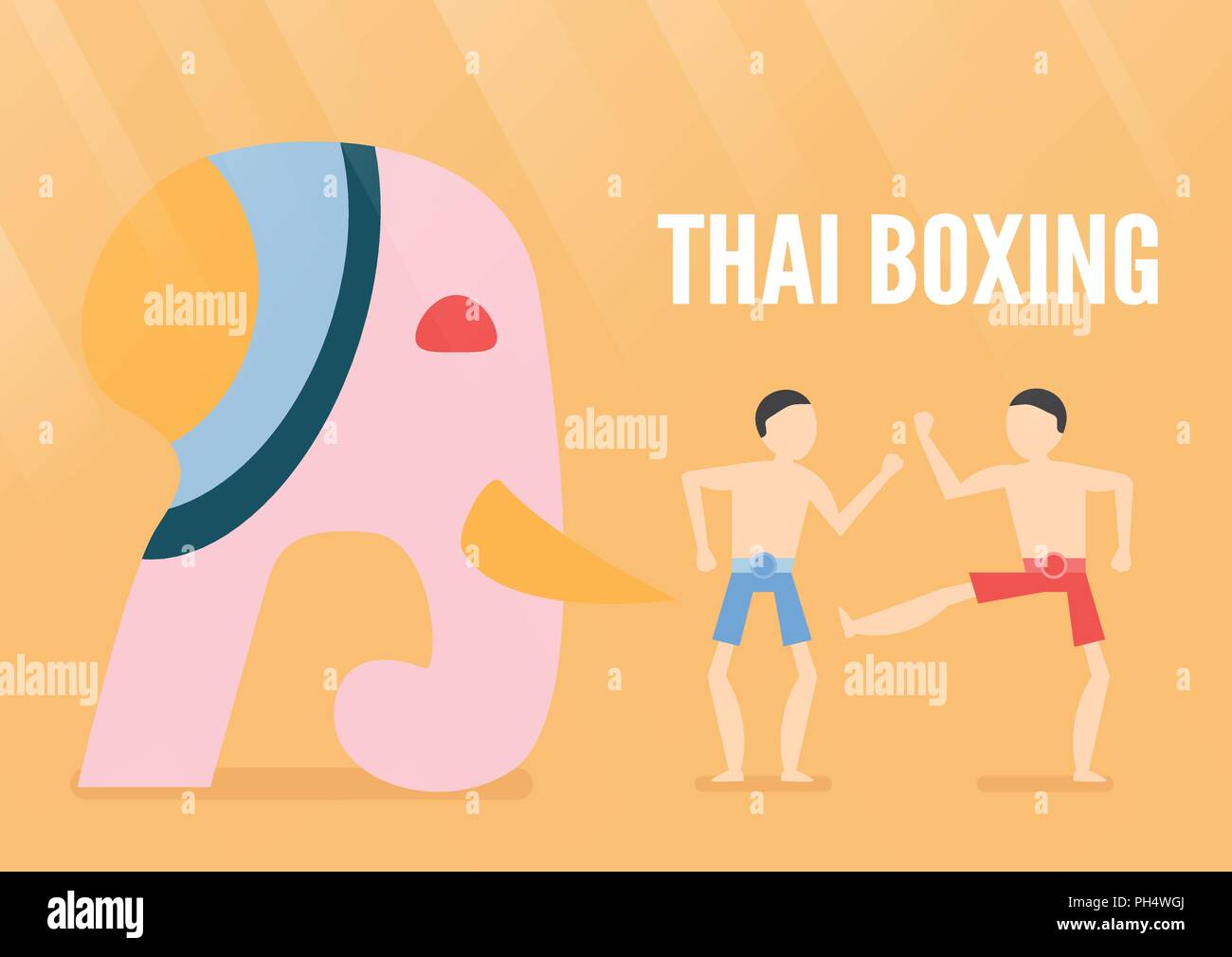 Character Design von Thai Boxing Menschen mit Elefanten auf orangefarbenem Hintergrund isoliert. Vector Illustration in flacher Ausführung für Poster, Reisen mit lig Stock Vektor