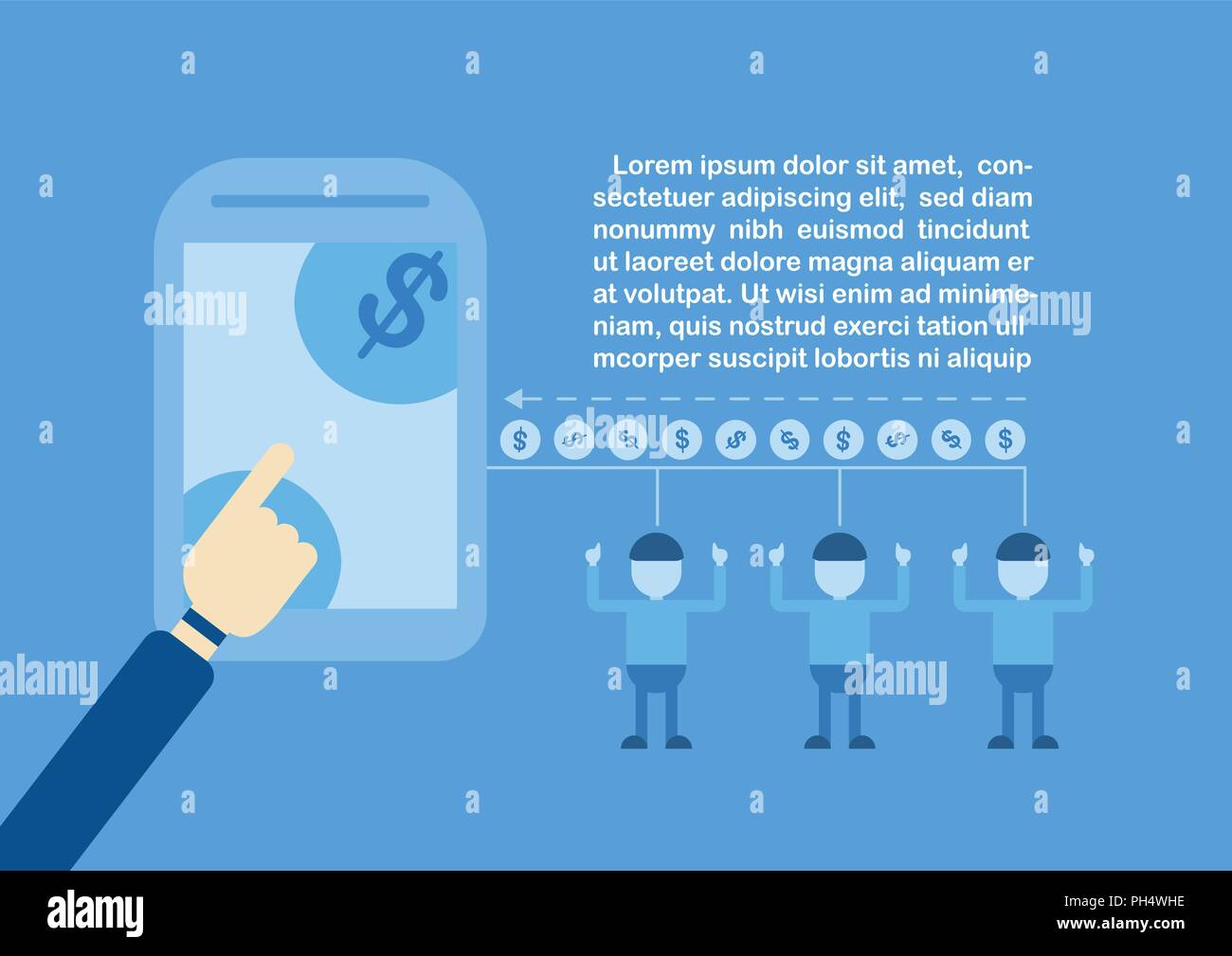 Erhalten Bargeld per Internet Banking mit e-Commerce und Zahlungsart. Vector Illustration auf blauem Hintergrund isoliert. Stock Vektor
