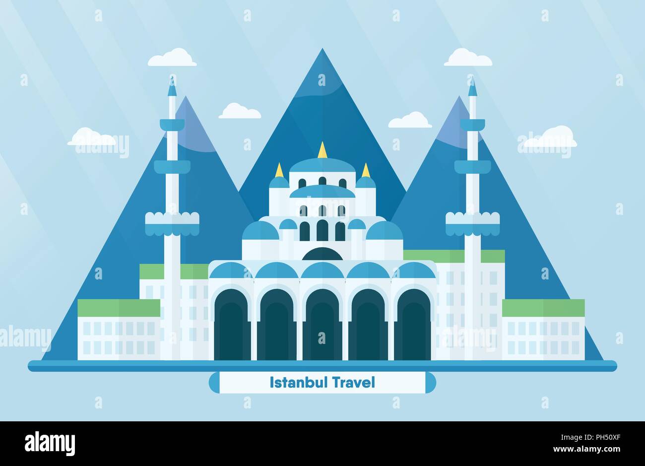 Türkei Sehenswürdigkeiten für Reisen mit der Hagia Sophia in Istanbul und die Berge. Vector Illustration mit Kopie Raum und flare Licht auf blauem Hintergrund. Stock Vektor