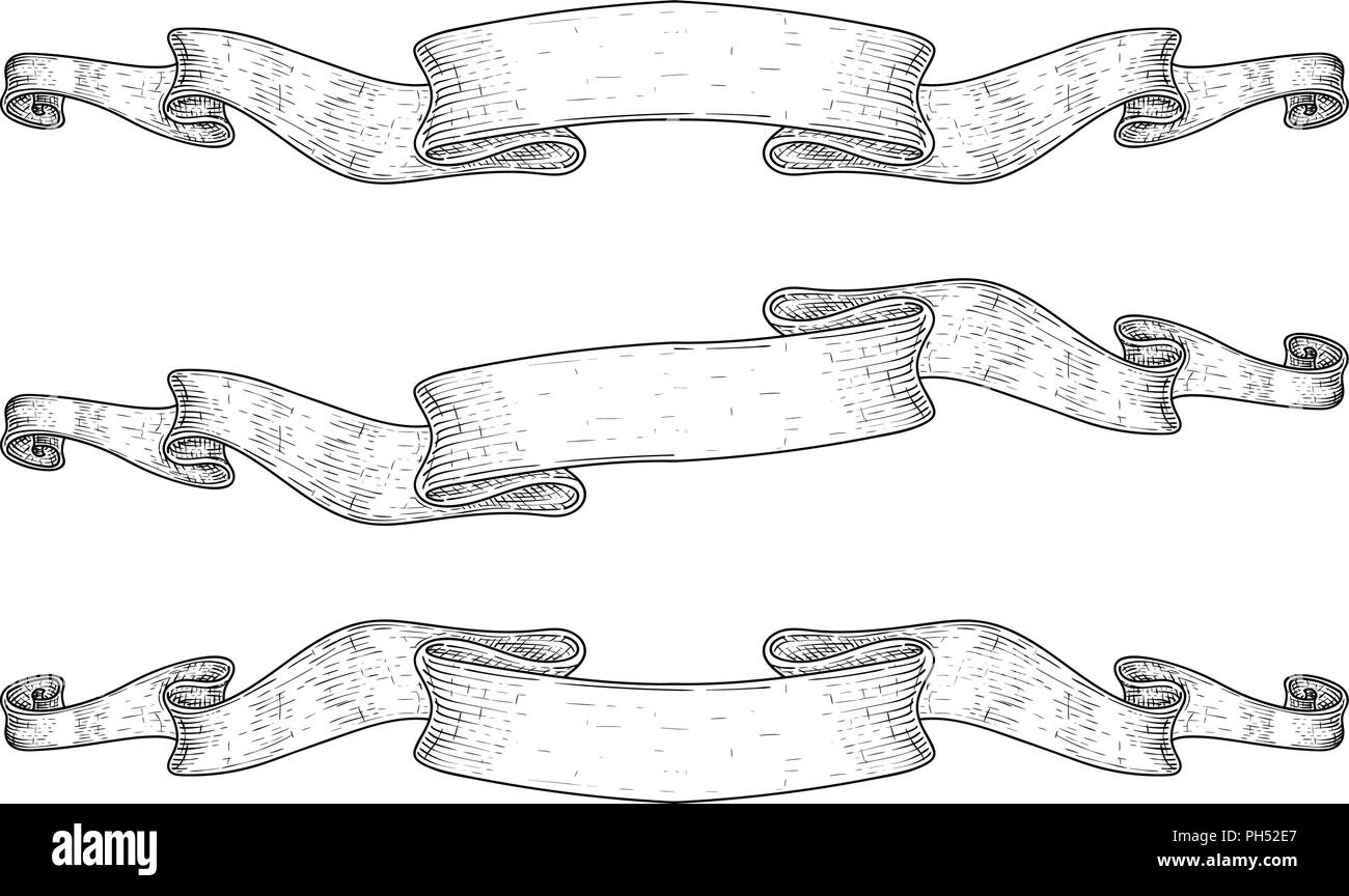 Band blättert. Umrisse Ikonen der Ribbon Banner. Hand doodle erstellt Stock Vektor