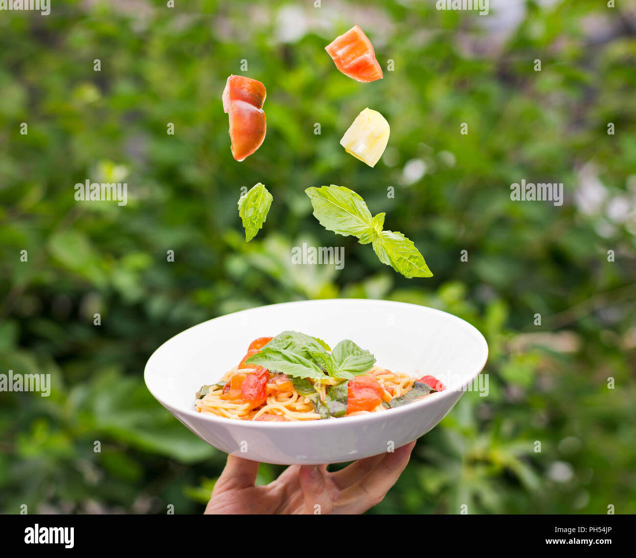 Teller Spaghetti Marinara mit frischen Tomaten und Basilikum in die Luft darüber ausgesetzt. Stockfoto