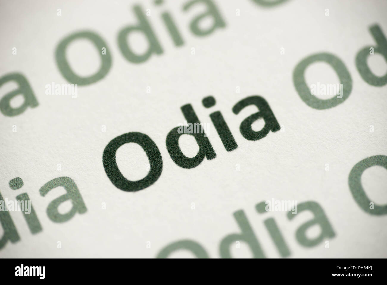 Wort Odia Makro Sprache auf weißem Papier gedruckt Stockfoto