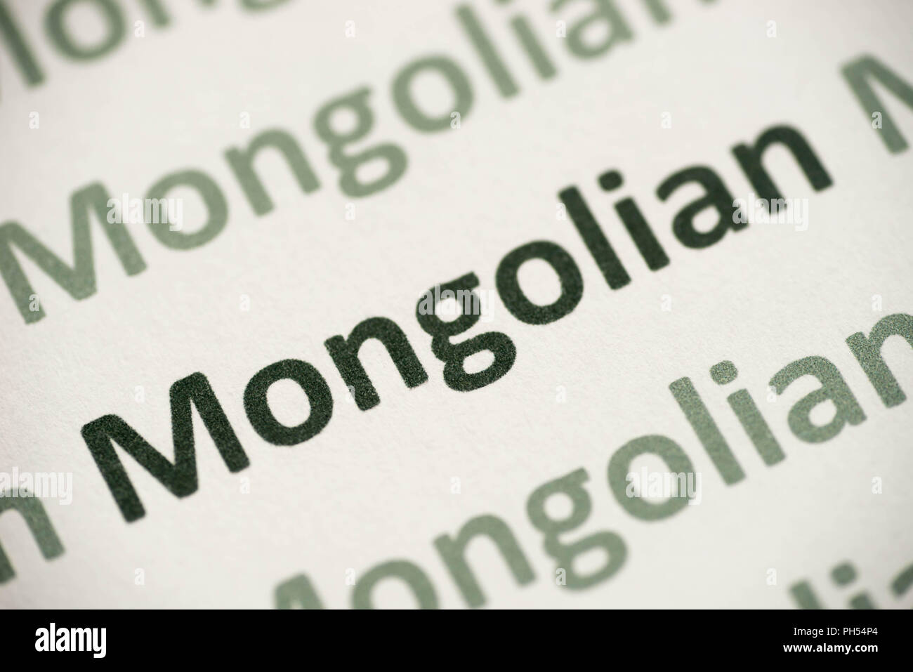 Wort mongolische Sprache auf weißem Papier Makro gedruckt Stockfoto