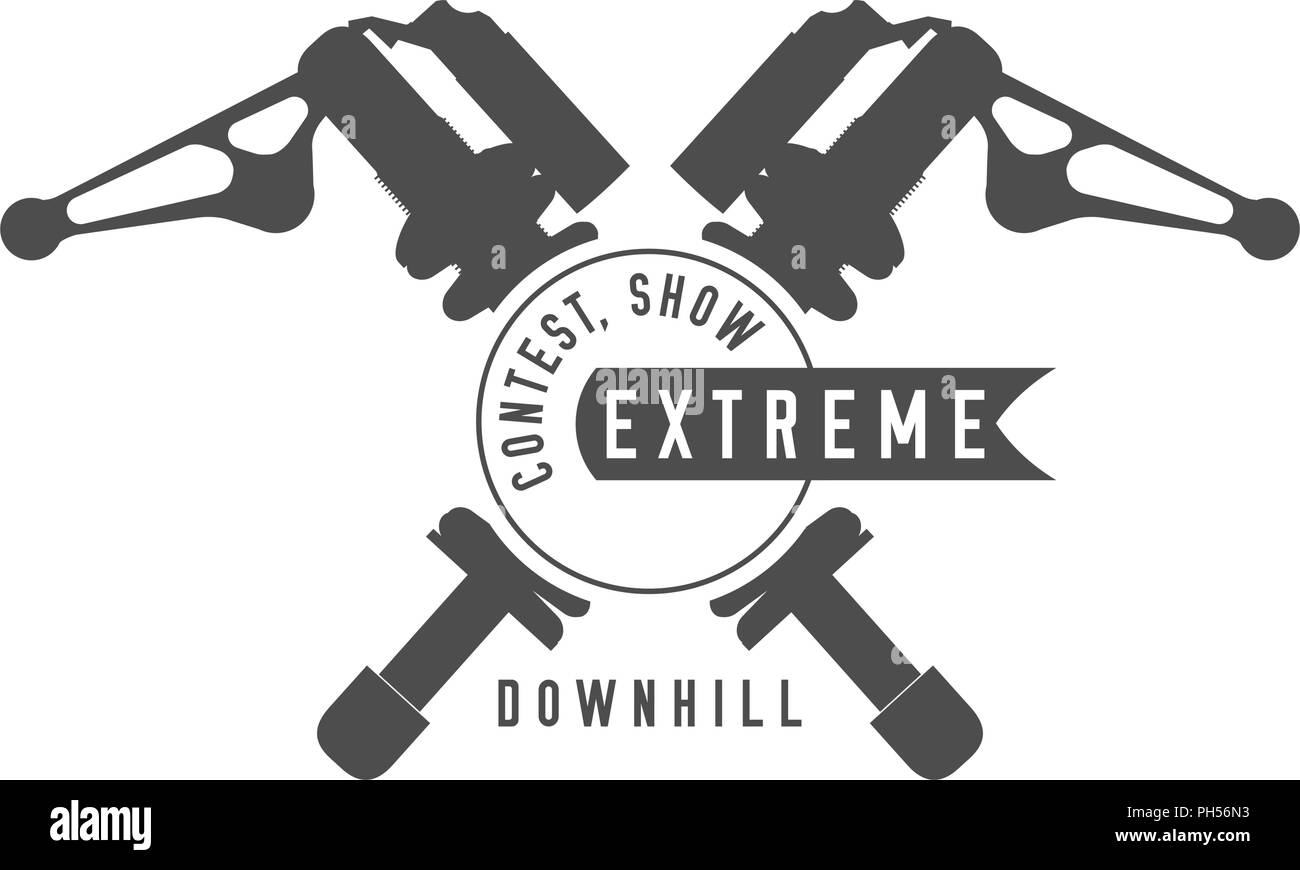 Fahrrad zeigen, Extreme Bikes Contest Emblem. Stoßdämpfer hinten gekreuzt, Band Banner. Monochromen Vector Illustration. Stock Vektor