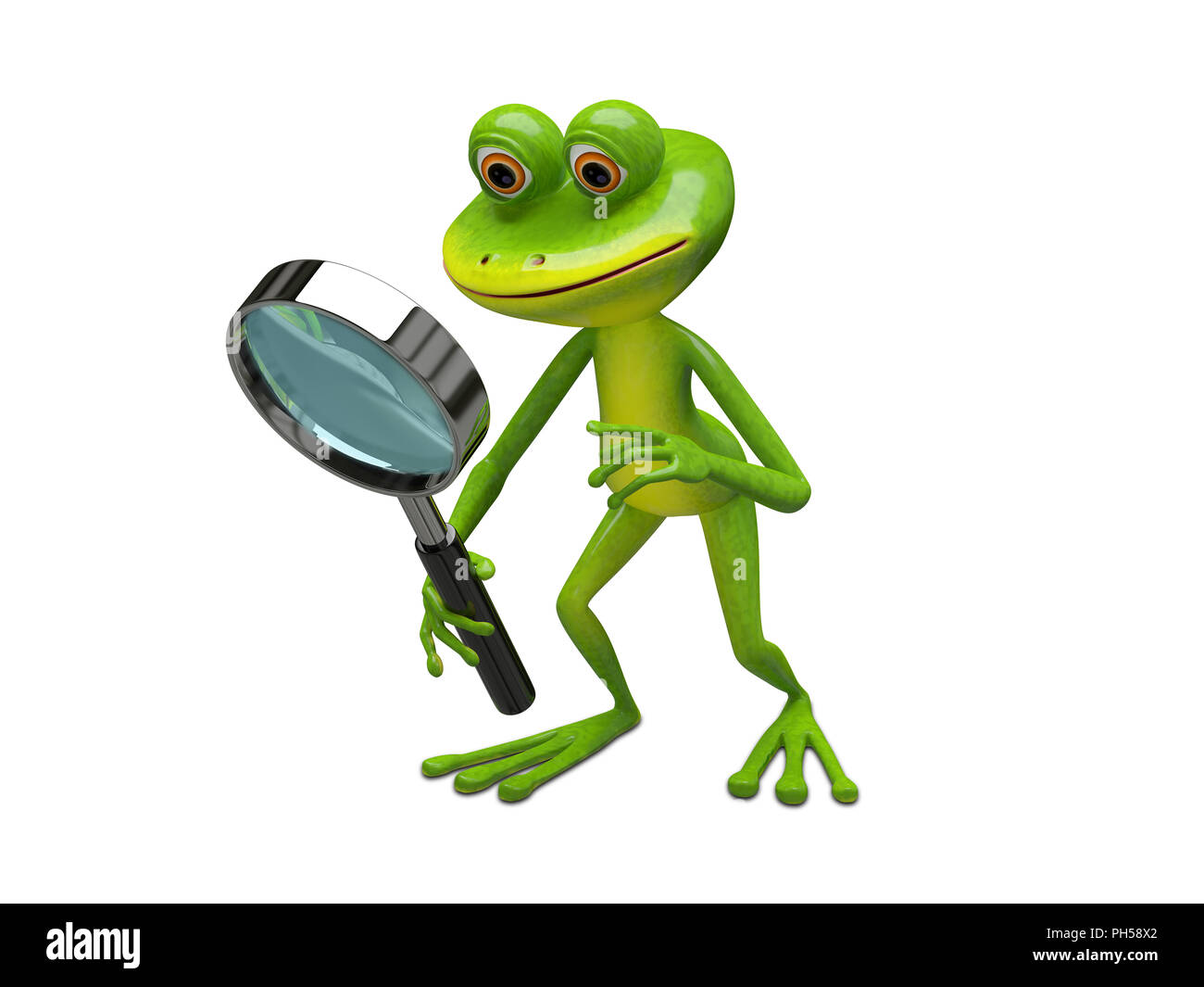 3D-Illustration Frosch mit Lupe auf weißem Hintergrund Stockfoto