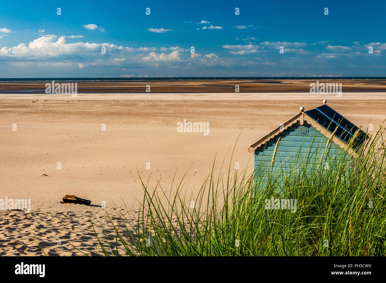 Eine grüne Beach Hut mit Holkham beach dahinter und Sanddünen vor Stockfoto