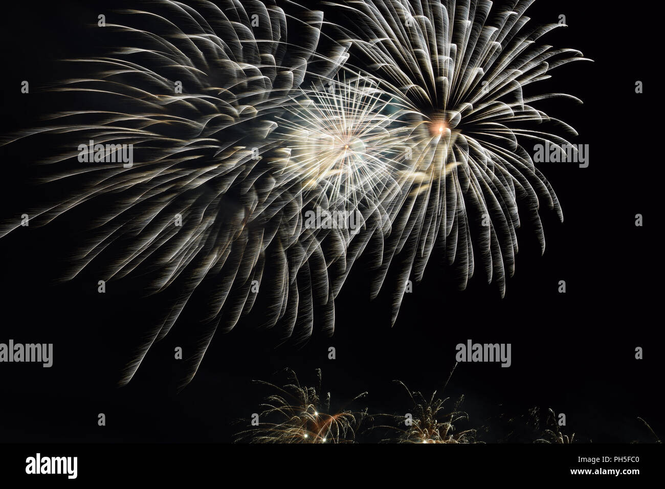 Silber Feuerwerk Effekte, die sich in den klaren Nachthimmel, Feuerwerk zur Feier der Nacht Stockfoto