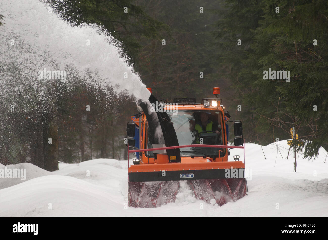 Schnee Fräsmaschine bei der Arbeit Reinigung eine Forststraße Stockfoto