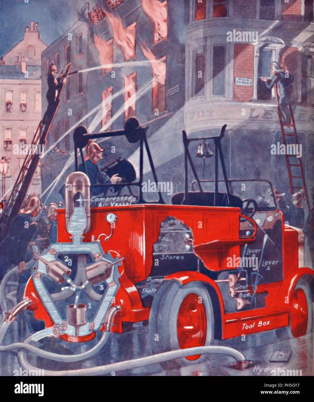 "Wie die Feuerwehr das Feuer', 1935. Artist: Unbekannt. Stockfoto