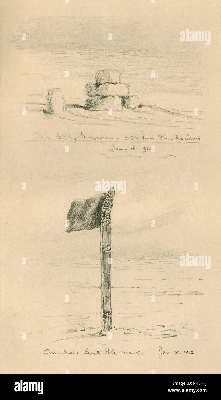 "Cairn Links Durch die Norweger, und Amundsens Südpol Marke', Januar 1912, (1913). Artist: Edward Wilson. Stockfoto