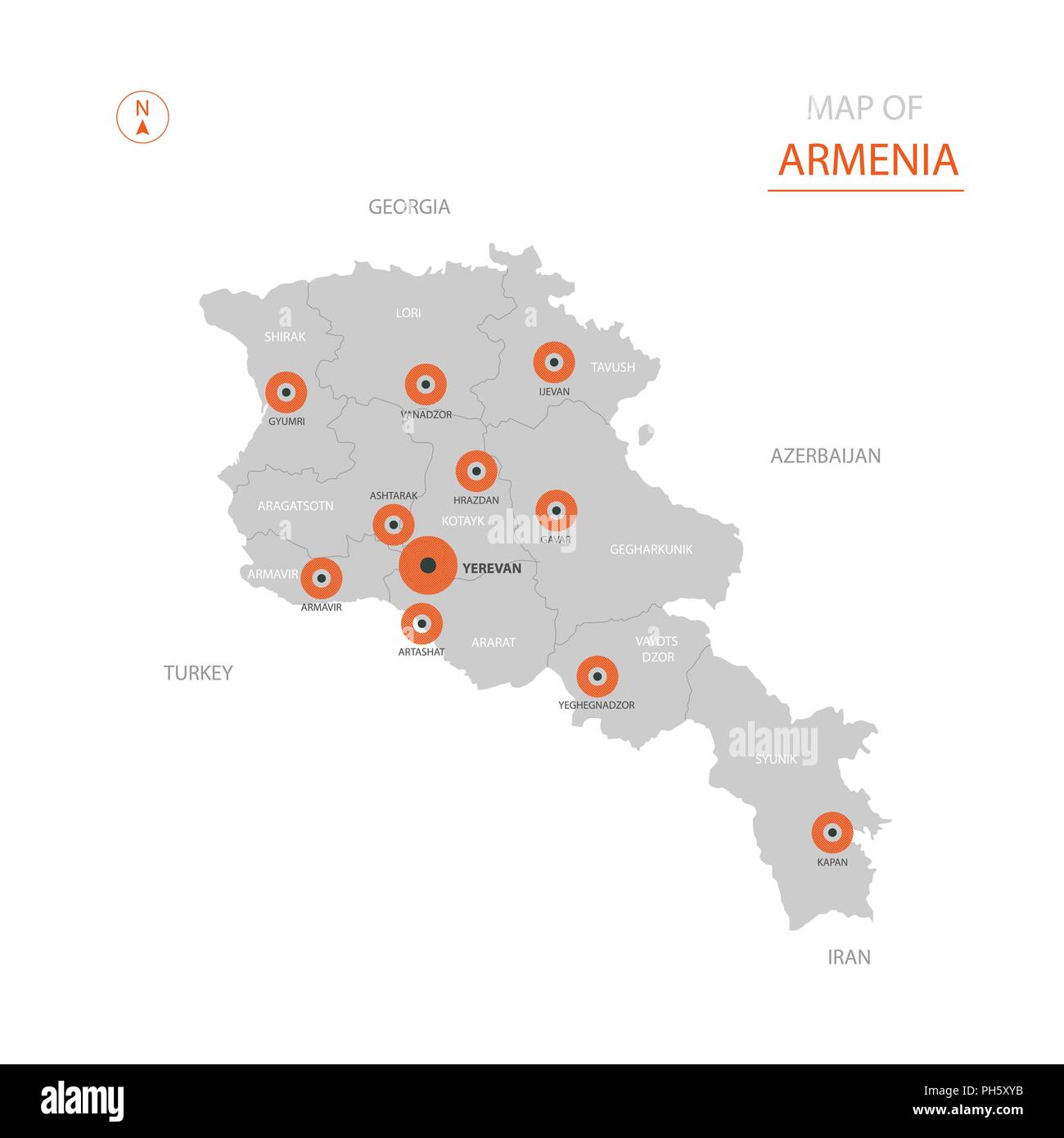 Stylized vector Armenien Karte der großen Städte, die Hauptstadt Eriwan, administrative divisions. Stock Vektor