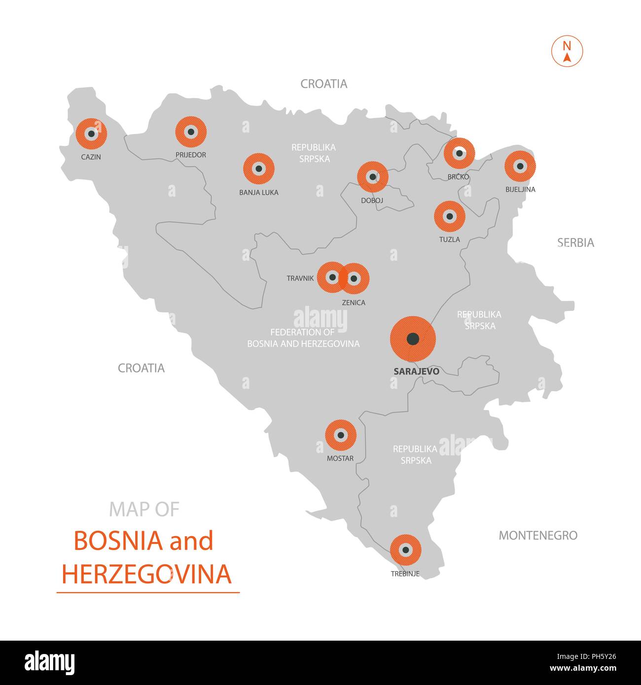 Stylized vector Bosnien und Herzegowina Karte der großen Städte, die Hauptstadt Sarajewo, administrative divisions- und Ländergrenzen hinweg. Stock Vektor