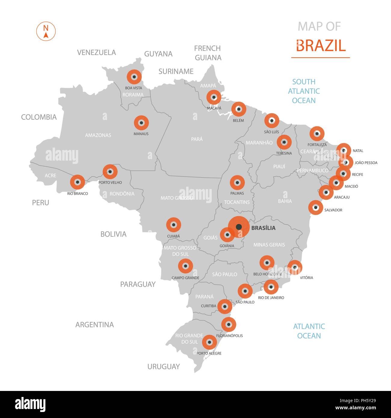 Stylized Vector Brasilien Karte Der Grossen Stadte Die Hauptstadt Brasilia Administrative Divisions Und Landergrenzen Hinweg Stock Vektorgrafik Alamy