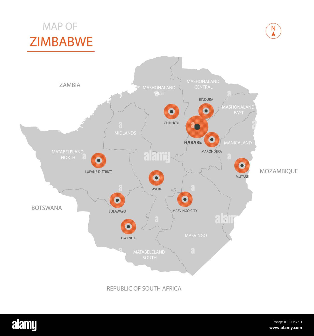 Wie Heißt Die Hauptstadt Von Simbabwe Stylized vector Simbabwe Karte der großen Städte, die Hauptstadt Harare