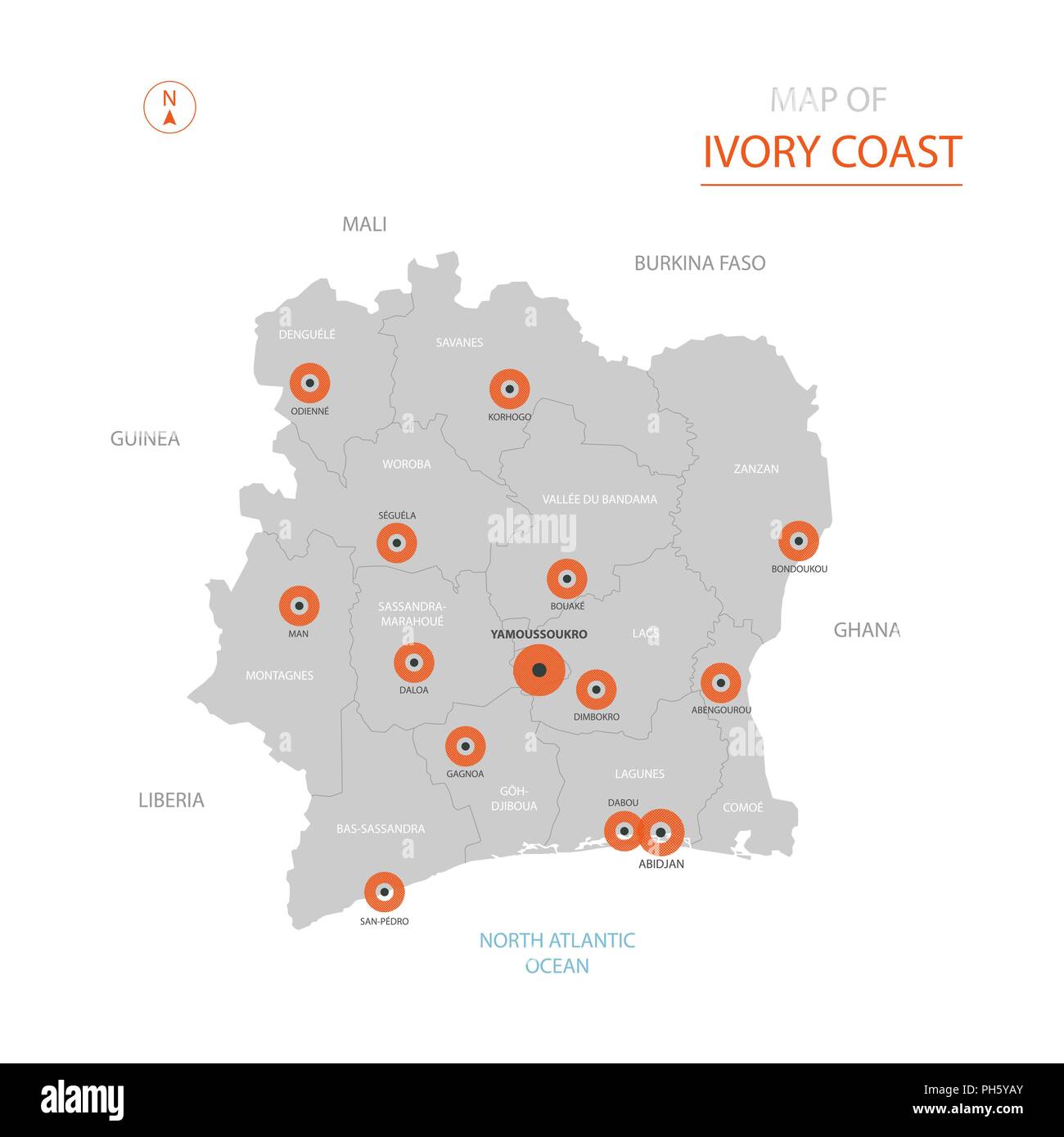 Stylized Vector Elfenbeinkuste Cote D Ivoire Karte Der Grossen Stadte Die Hauptstadt Yamoussoukro Administrative Divisions Stock Vektorgrafik Alamy