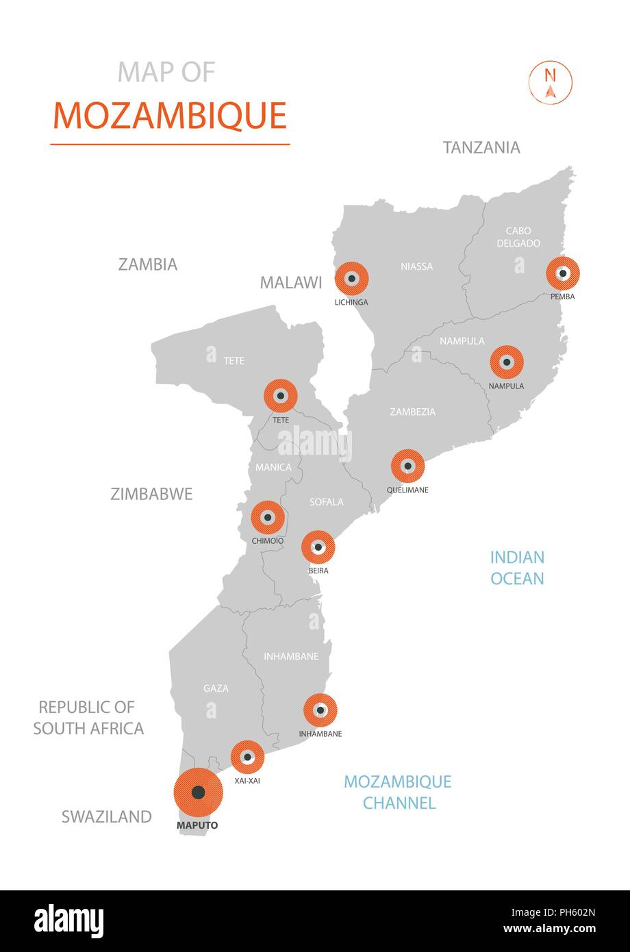 Stylized vector Mosambik Karte der großen Städte, die Hauptstadt Maputo, administrative divisions. Stock Vektor
