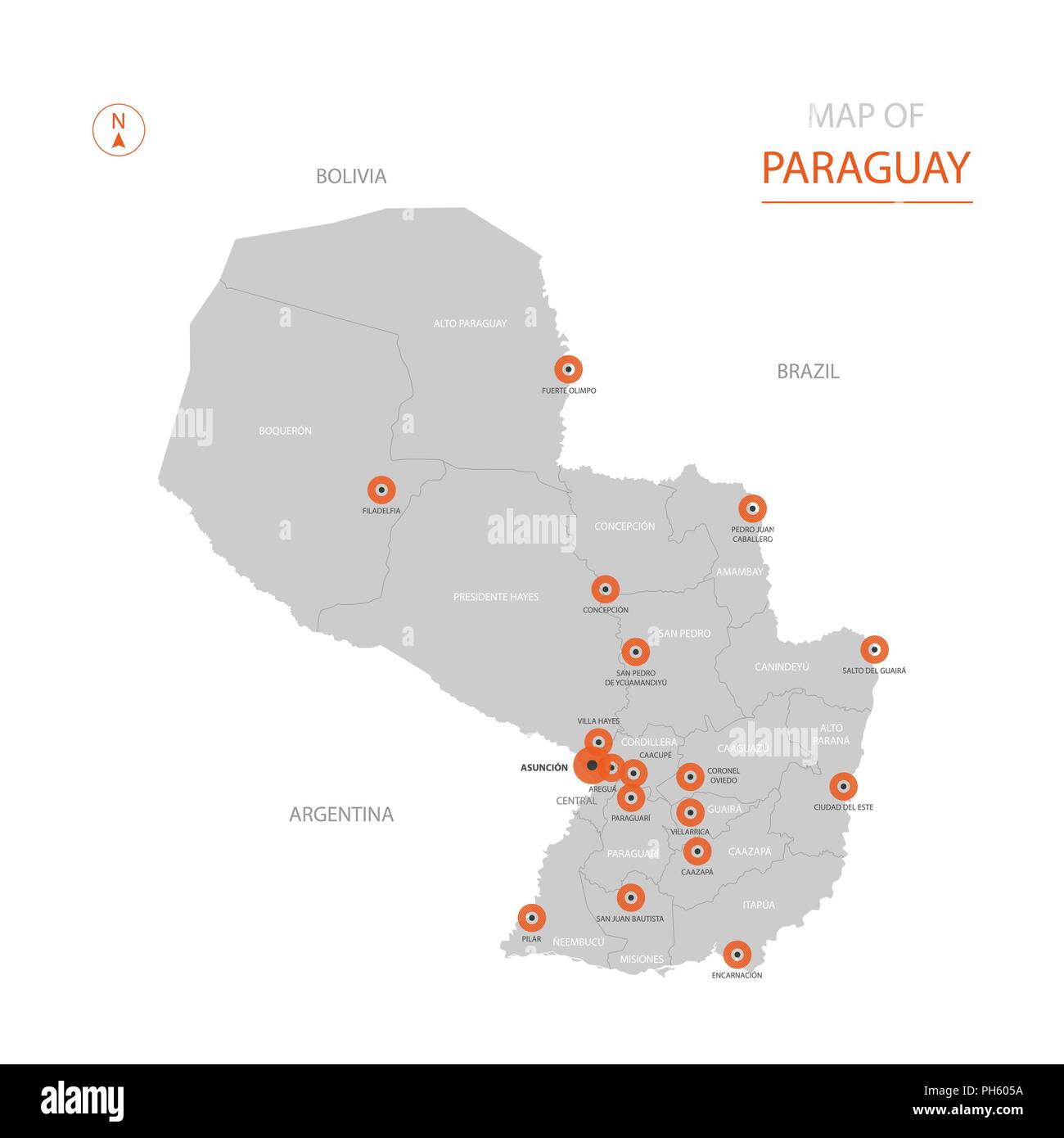 Stylized vector Paraguay Karte der großen Städte, die Hauptstadt Asunción, administrative divisions. Stock Vektor