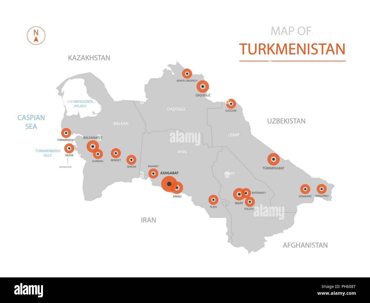 Stylized vector Turkmenistan Karte der großen Städte, die Hauptstadt Aschgabat, administrative divisions. Stock Vektor