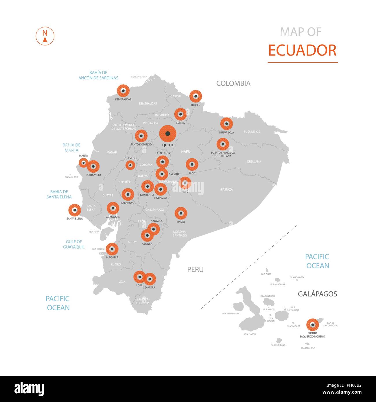 Stylized vector Ecuador Karte der großen Städte, die Hauptstadt Quito, administrative divisions 