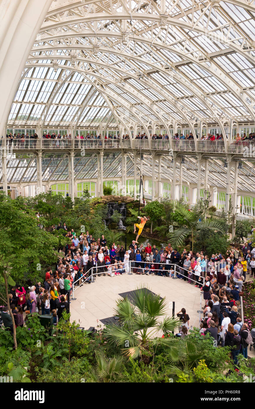 Akrobatik und musikalischer Leistung/Harmonischen von Cirque Bijou von Besucher Publikum während Urlaub sah in Kew Gardens / Royal Botanic Garden. London Stockfoto
