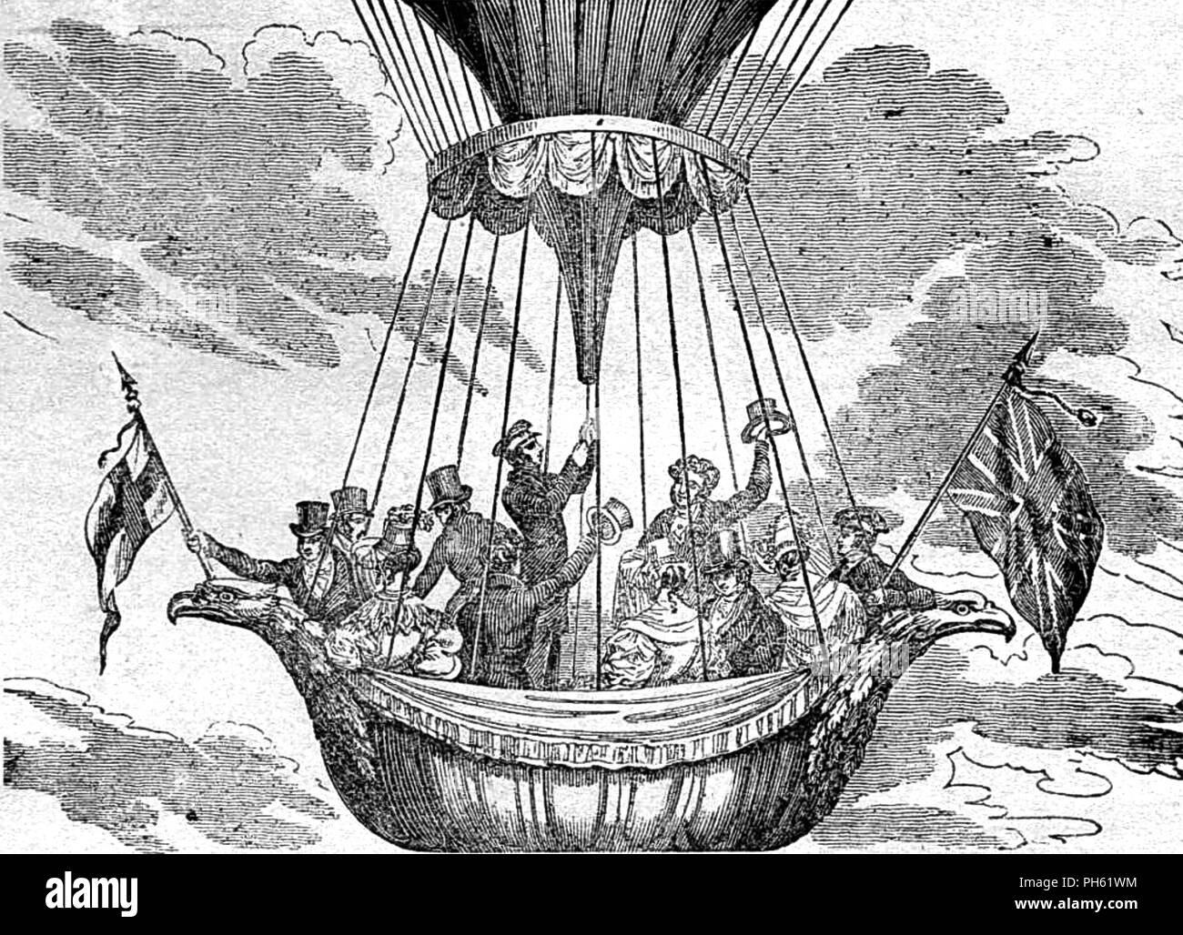 Ballon aufstieg von Vauxhall Gardens, London, 4. September 1837 mit dem Titel "einem doppelten Aufstieg' und zeigt eine aufwändige Gondel formell gekleideten Frauen und Männer ihre Fahrgäste. Stockfoto