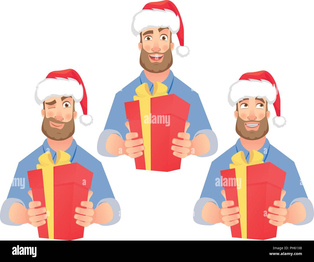 Man gibt ein Geschenk. Mann mit roten vorhanden. Rote Weihnachtsmütze Vector Illustration Stock Vektor