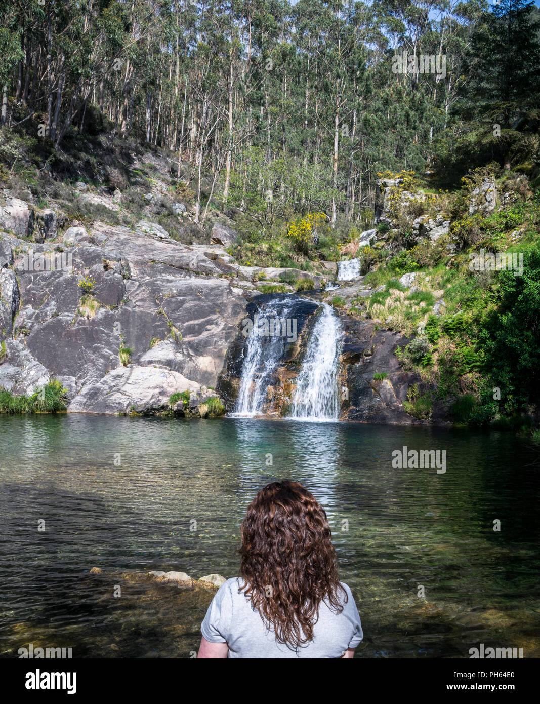 Frau von hinten mit Blick auf einen Wasserfall im Wald Stockfoto