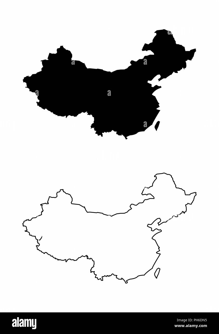 Vereinfachte Landkarten von China. Schwarze und weiße Umrisse. Stock Vektor