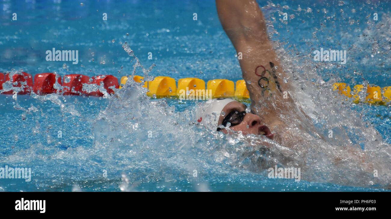 Budapest, Ungarn - 27.Juli 2017. Wettbewerbsfähige Schwimmer BERNEK Peter (HUN) im 200 m Rückenschwimmen Halbfinale. FINA Schwimm-WM fand ich Stockfoto