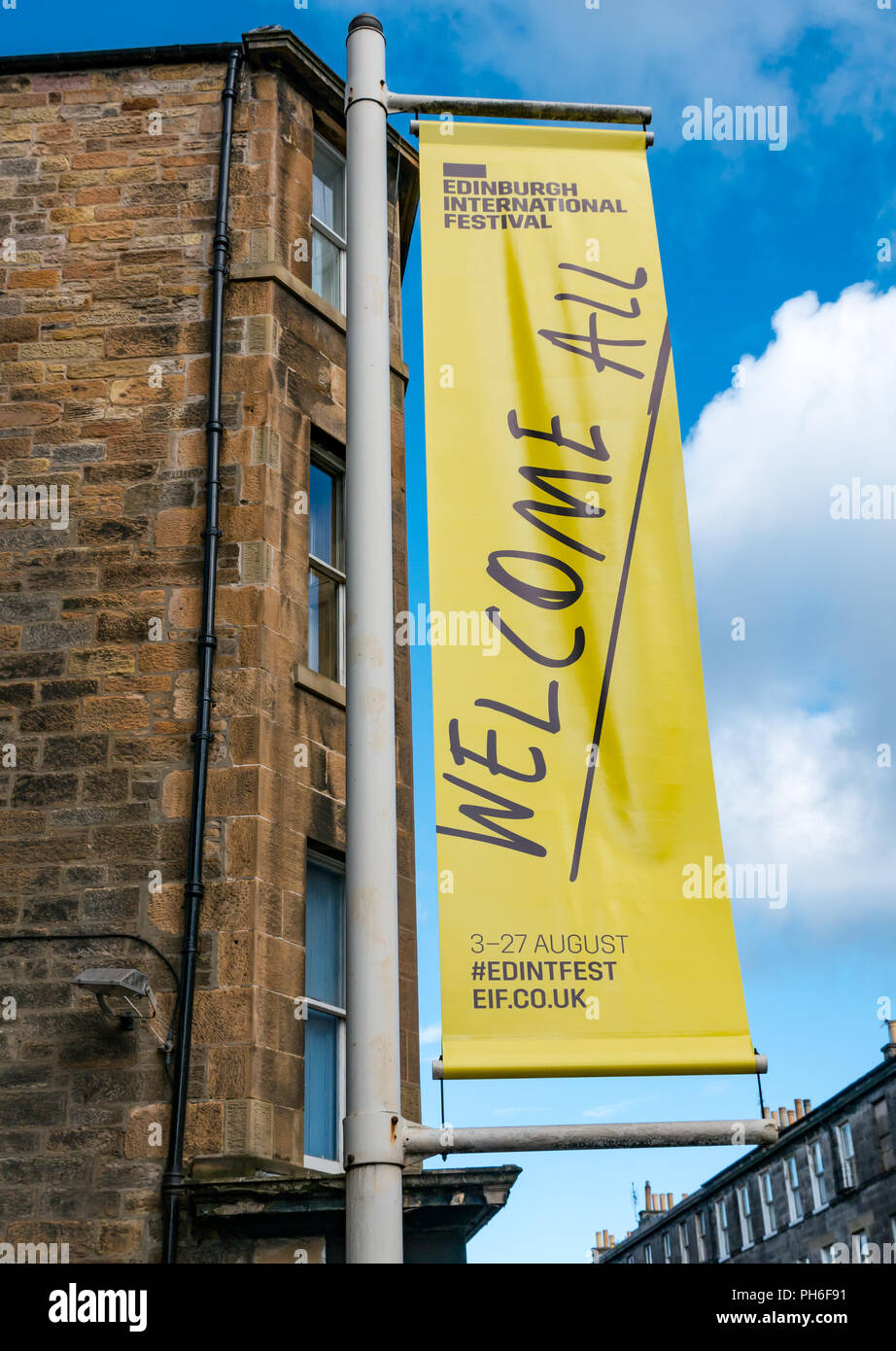 EIF 2018 Willkommen alle Banner an der Queen's Hall Concert und internationale Festival Schauplatz, Clerk Street, Edinburgh, Schottland, Großbritannien Stockfoto