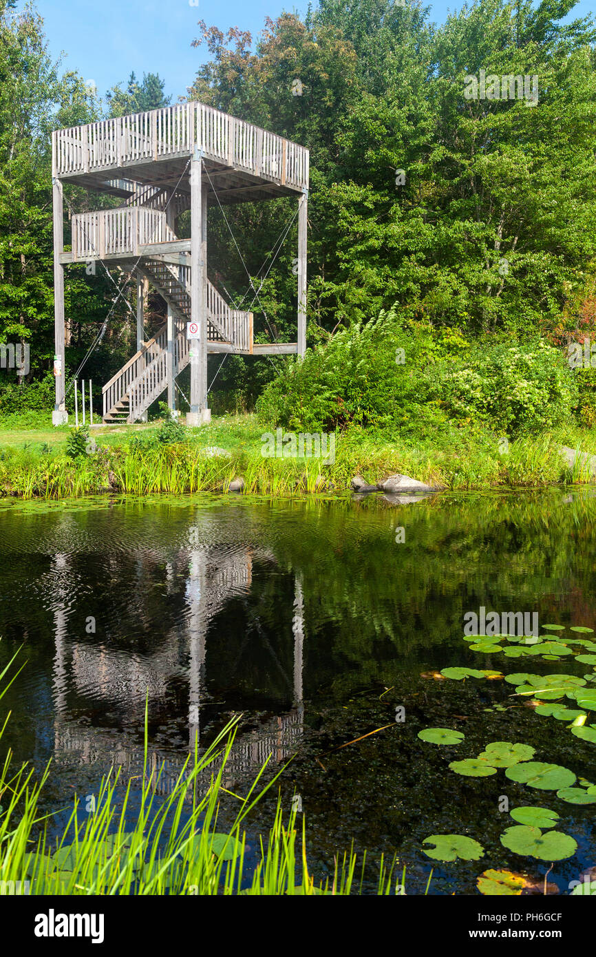 Eine von zwei Aussichtstürme für die Wiedergabe von Wildtieren und der Natur erbaut, im Centre d'interprétation de la Nature du Lac Boivin. Granby, Québec, Kanada Stockfoto