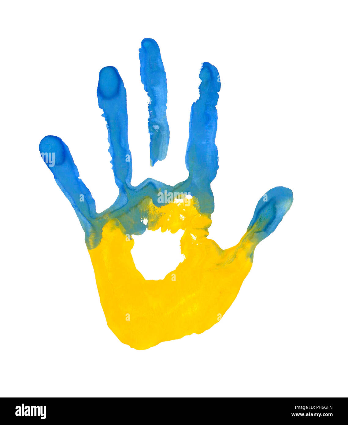 Blaue und gelbe Farbe der Flagge. handabdruck in Form von der Flagge der Ukraine. Stockfoto