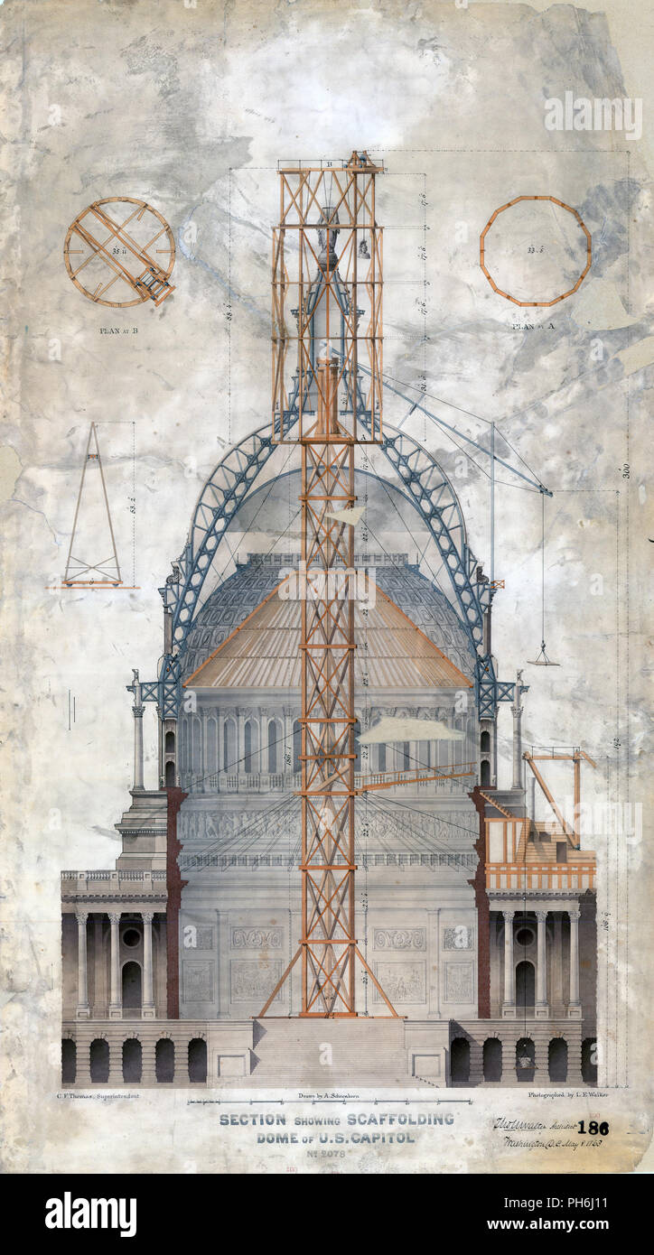 Ursprünglichen Architekten des Kapitols, Thomas U. Walter, Gerüste plan für die Statue der Freiheit der Kuppel ab 8. Mai 1863 nach oben. Stockfoto